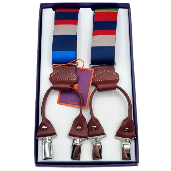 Bretelle Gallo Cuoio Unisex Righe Multicolor Royal Amaranto 6 Pinze in Metallo